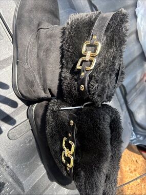 Guess Black Faux Fur Ankle Boots with Gold Hardware